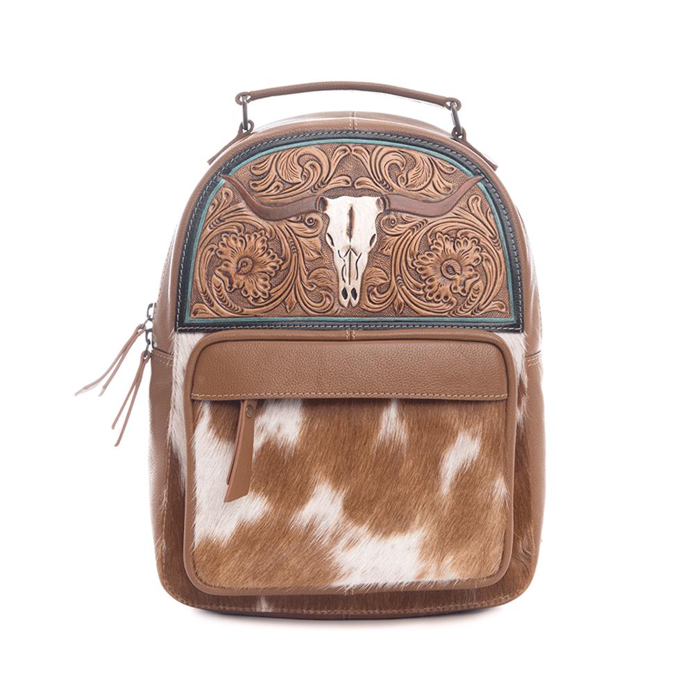 Myra Steer Creek Hairon Backpack for Women – Handtooled Leather, Cowhide Front Pocket, Rustic Western Charm