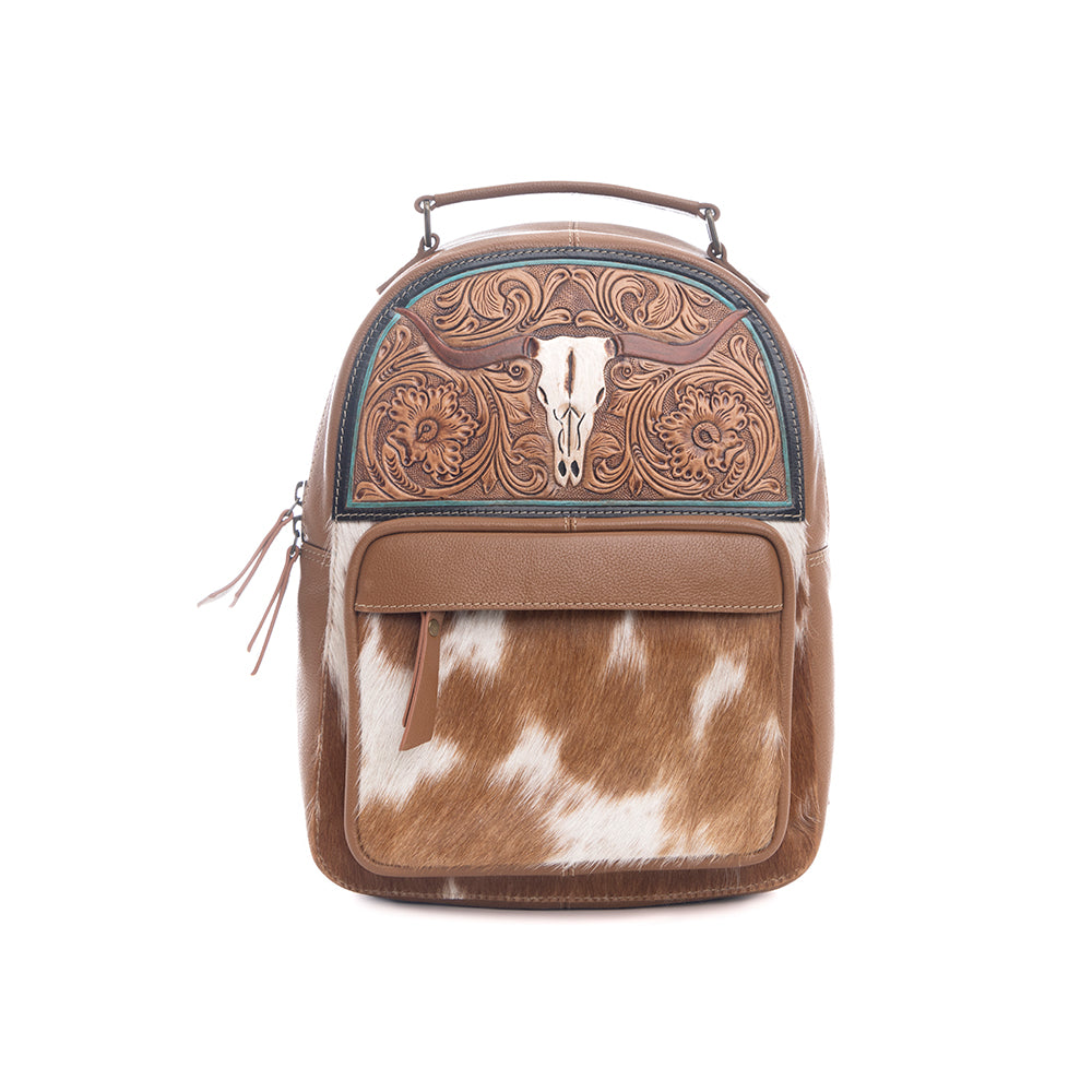 Myra Steer Creek Hairon Backpack for Women – Handtooled Leather, Cowhide Front Pocket, Rustic Western Charm