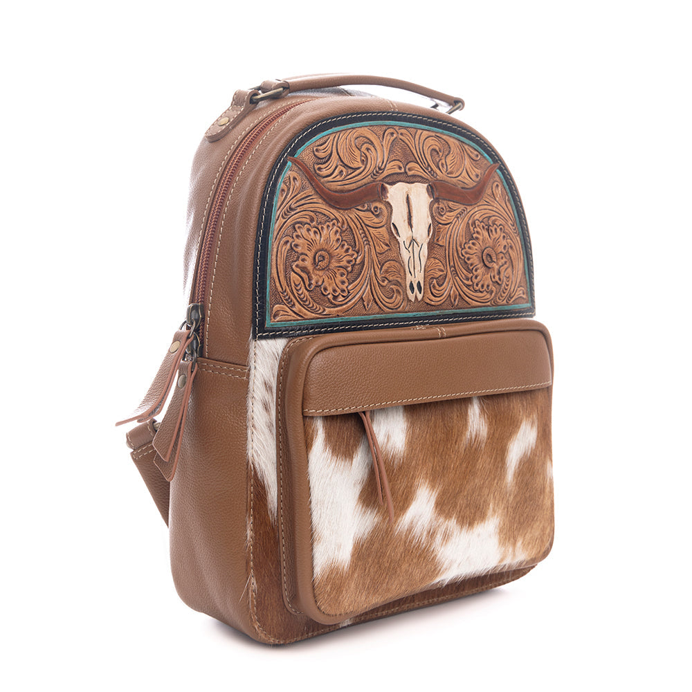 Myra Steer Creek Hairon Backpack for Women – Handtooled Leather, Cowhide Front Pocket, Rustic Western Charm
