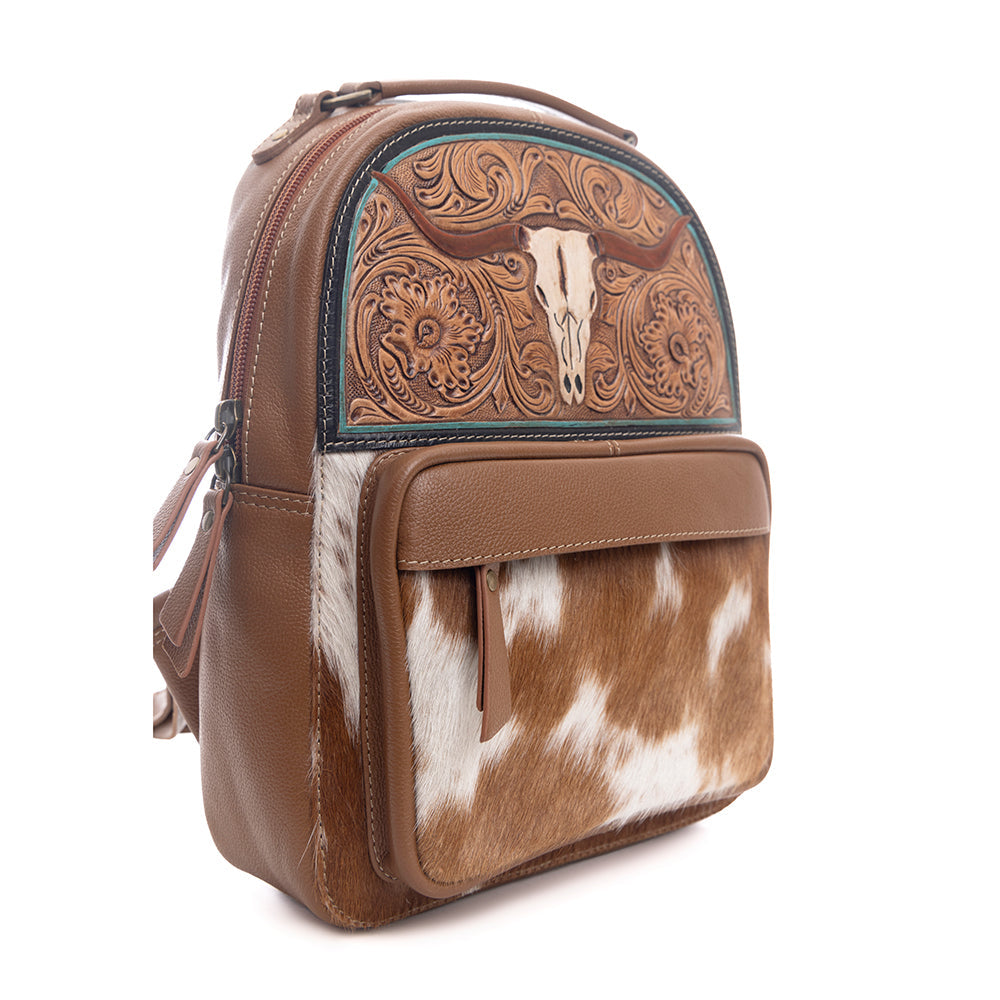Myra Steer Creek Hairon Backpack for Women – Handtooled Leather, Cowhide Front Pocket, Rustic Western Charm