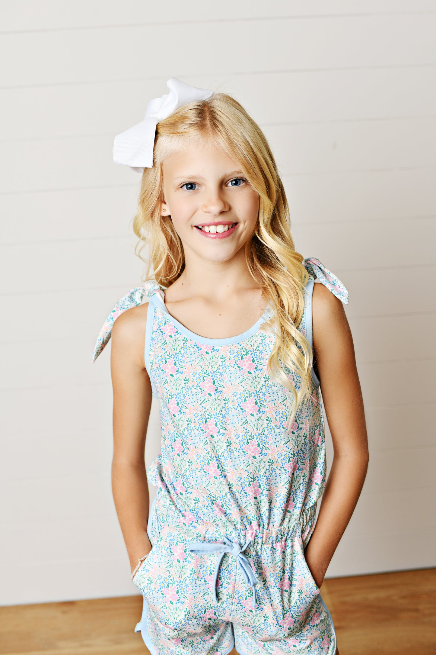 Girls Blue & Pink Floral Tie Shoulder Romper | Bossier City, LA