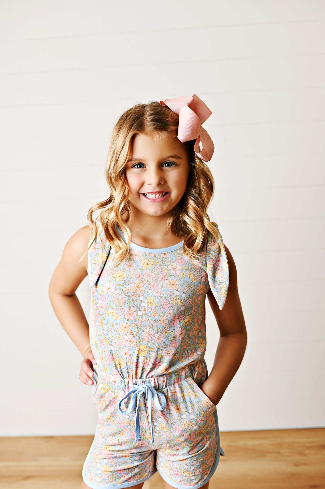 Girls Blue Multi Floral Tie Shoulder Romper | Bossier City, LA