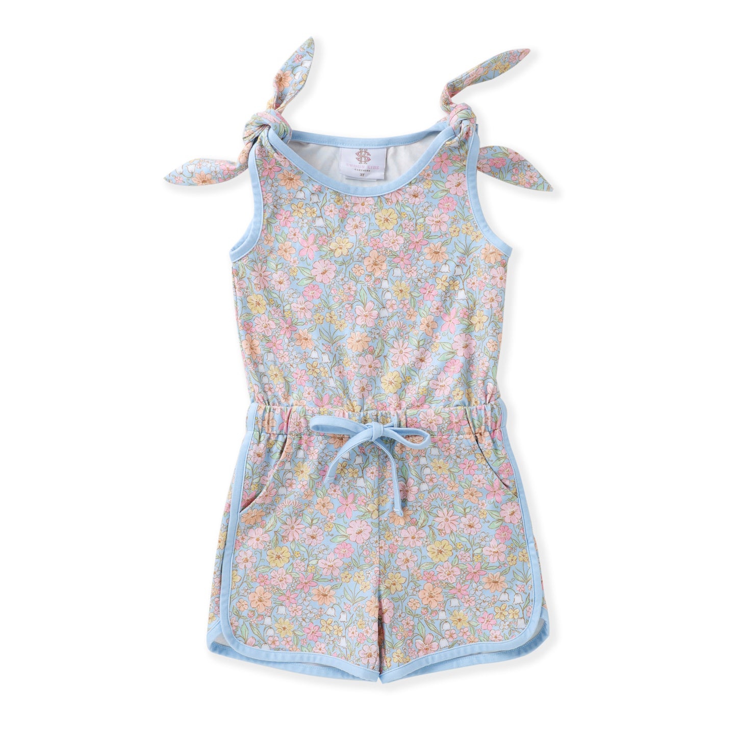 Girls Blue Multi Floral Tie Shoulder Romper | Bossier City, LA