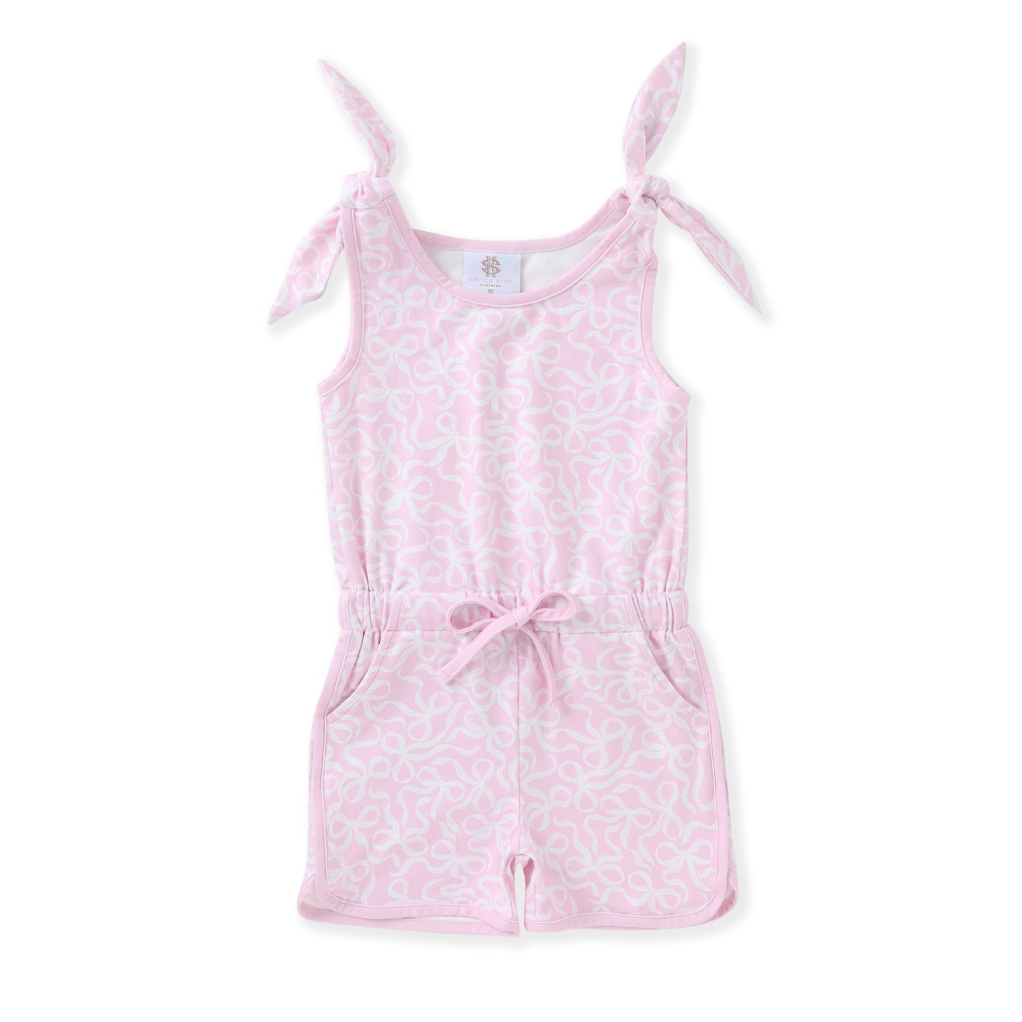 Girls Pink Bow Print Tie Shoulder Romper
