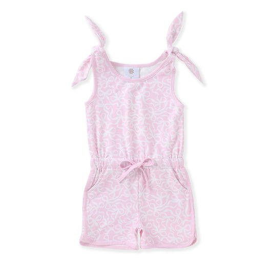 Girls Pink Bow Print Tie Shoulder Romper