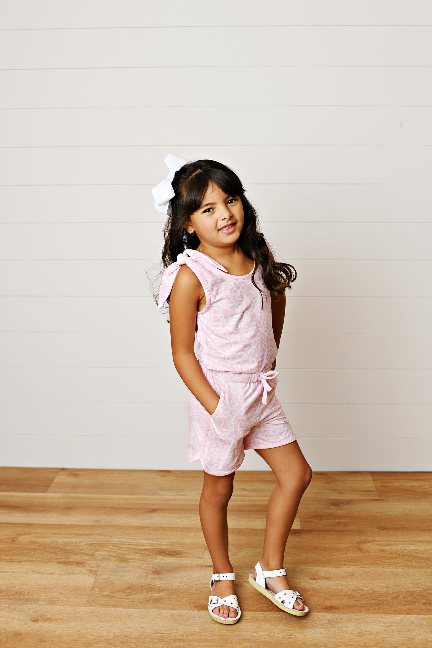 Girls Pink Bow Print Tie Shoulder Romper