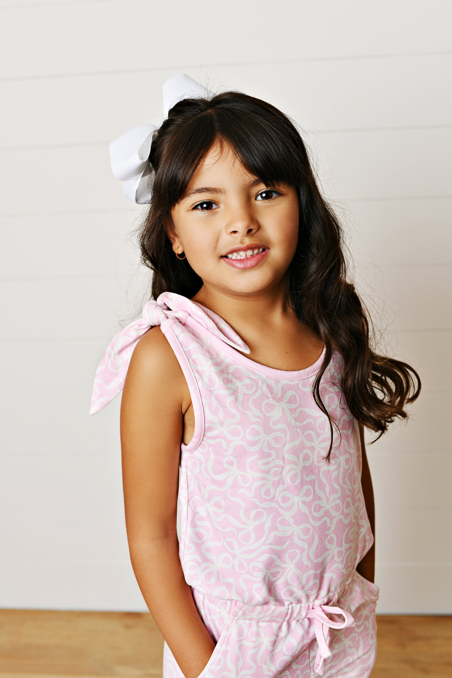 Girls Pink Bow Print Tie Shoulder Romper