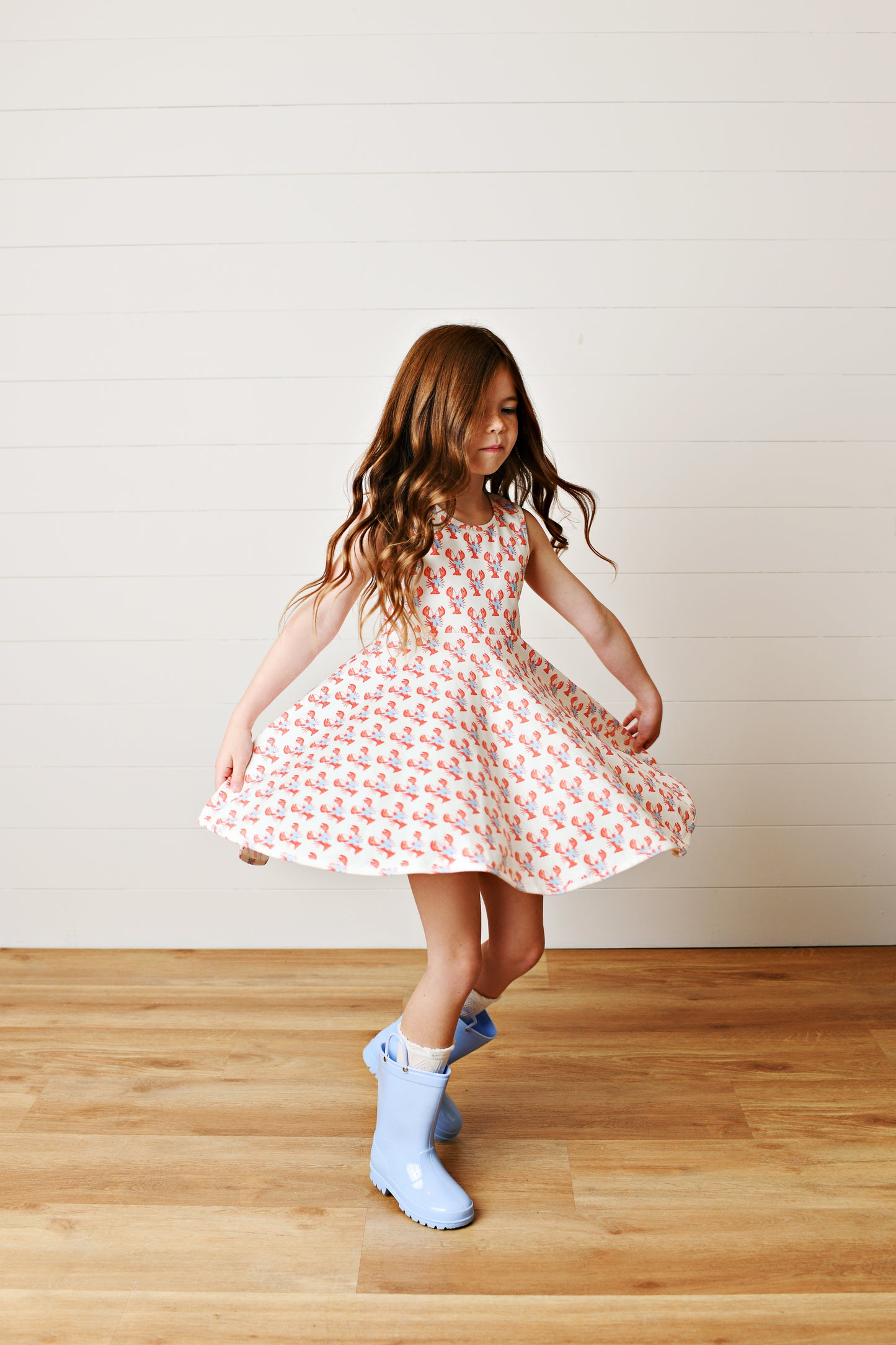 Girls White & Red Crawfish Twirl Dress with Blue Bow | Bossier City, LA