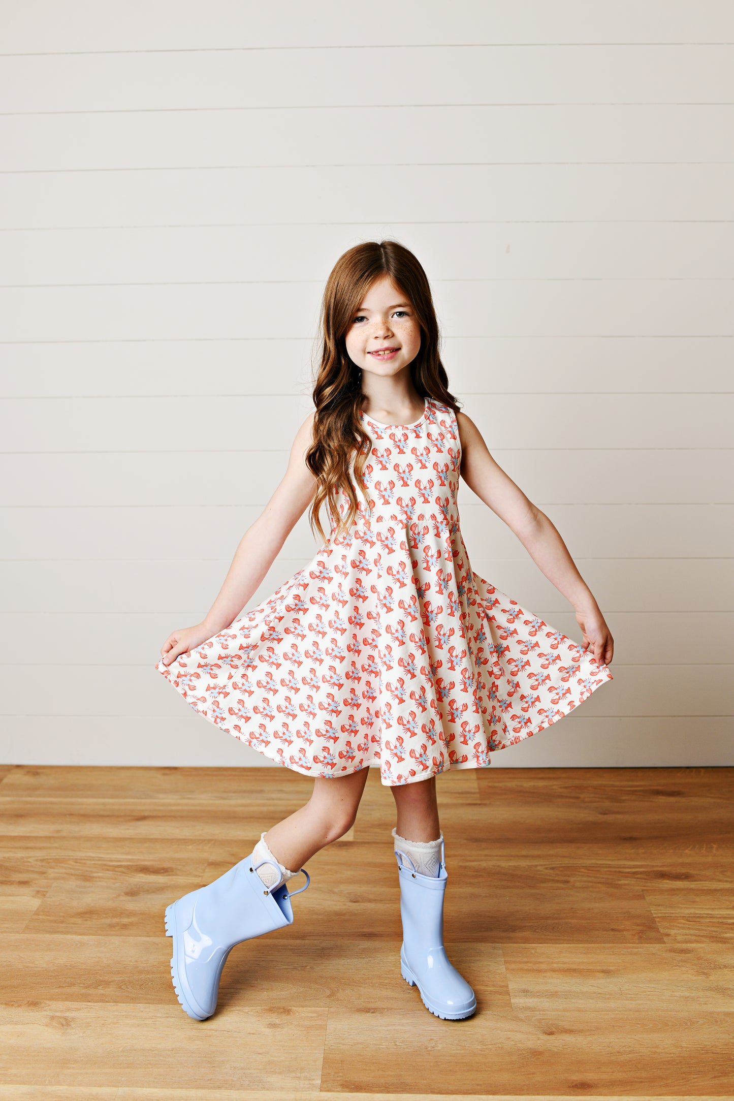 Girls White & Red Crawfish Twirl Dress with Blue Bow | Bossier City, LA