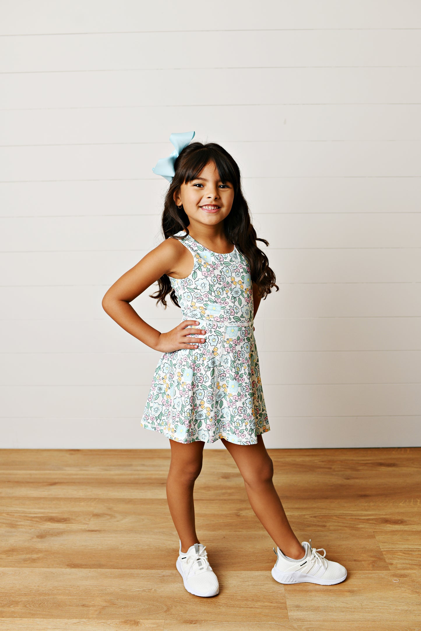 Girls Aqua Bloom Floral Athletic Twirl Dress | Built-In Shorts | Bossier City, LA