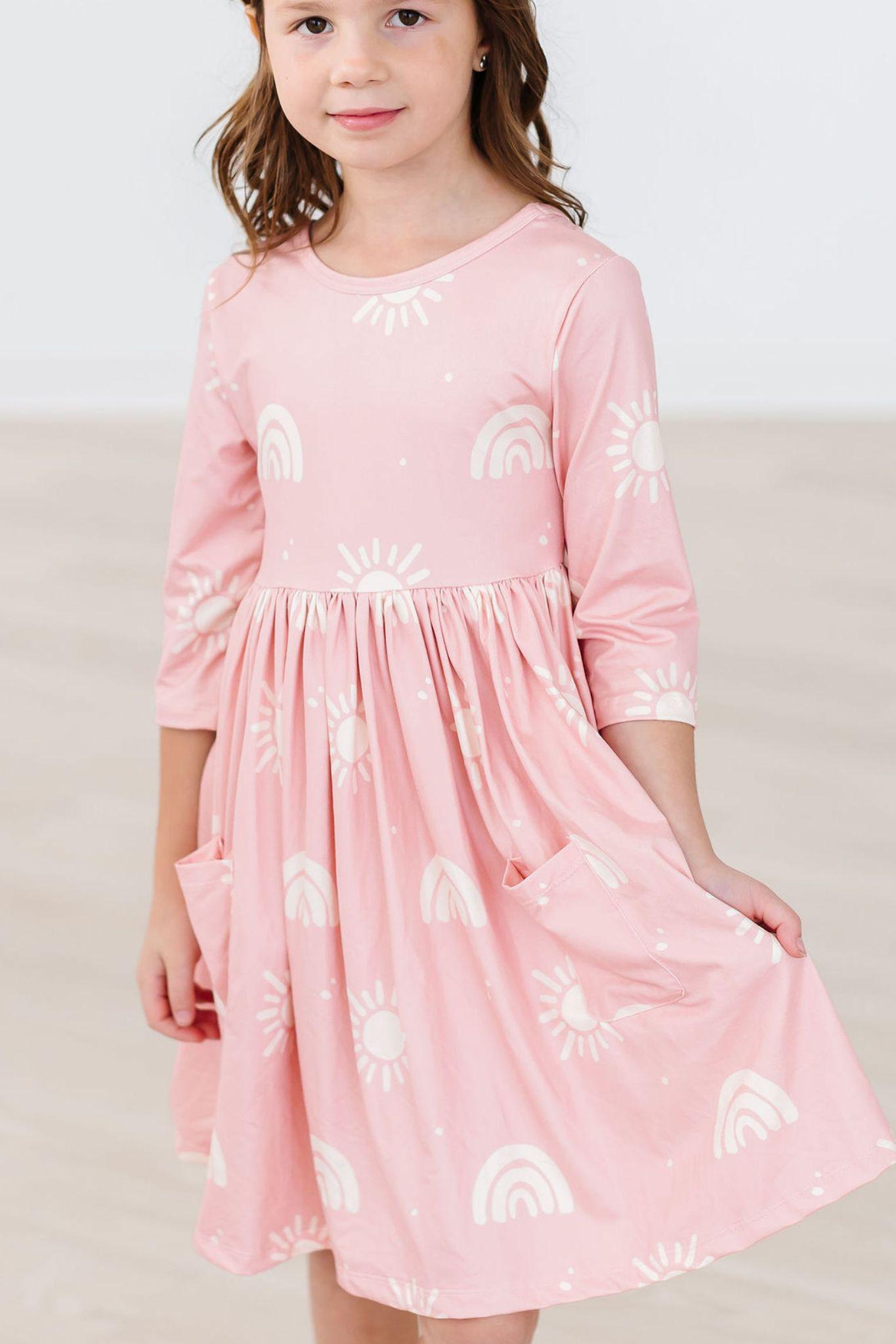 SALE Soft Pink Suns 3/4 Sleeve Pocket Twirl Dress