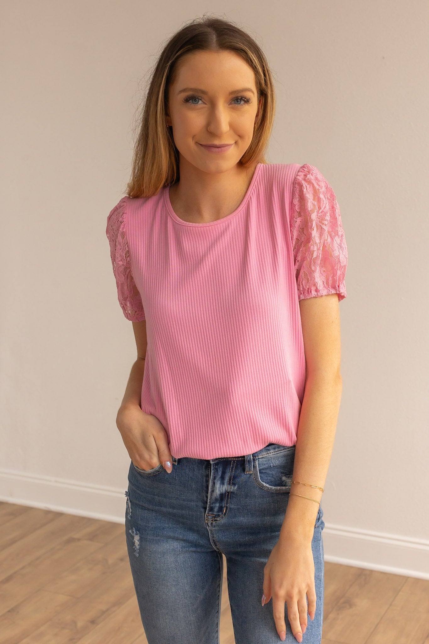 Pink Ribbed Tee With Lace Puff Sleeve