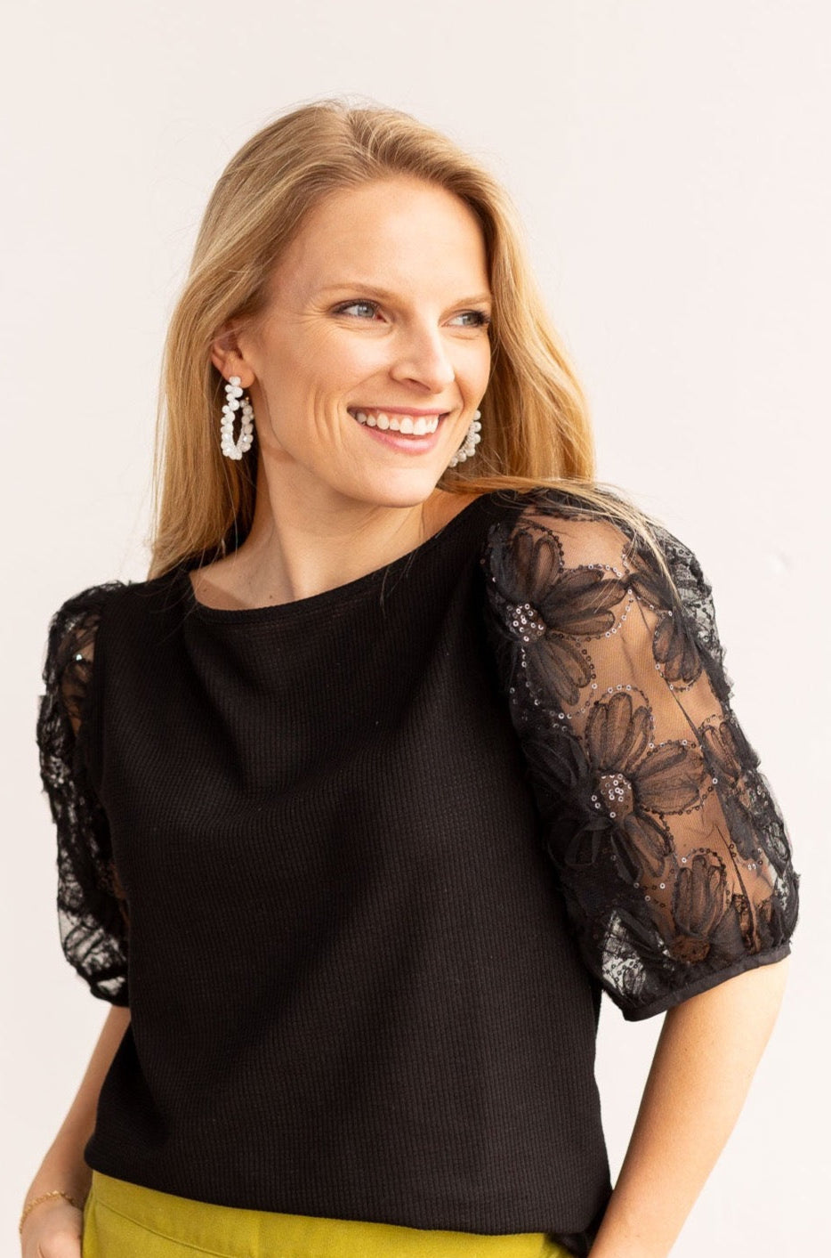 Midnight Blossom Black Sequins Floral Puff Sleeve