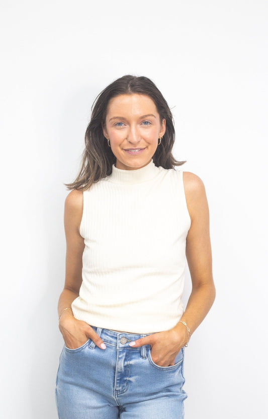 Sleeveless Ribbed Mock Neck Top, Ivory