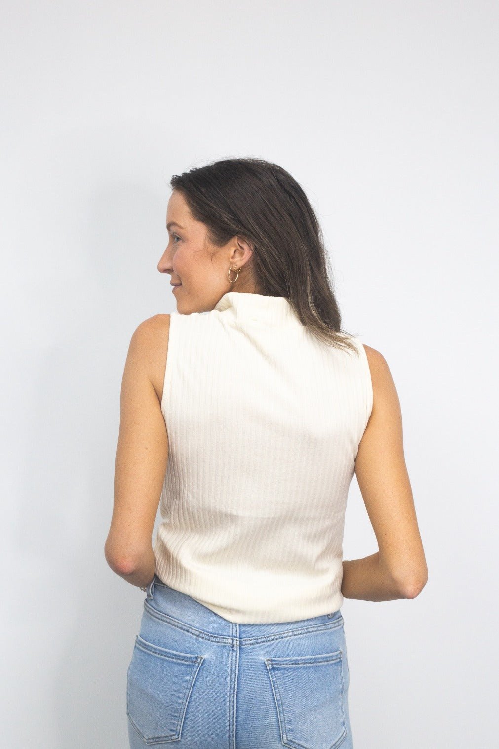 Sleeveless Ribbed Mock Neck Top, Ivory