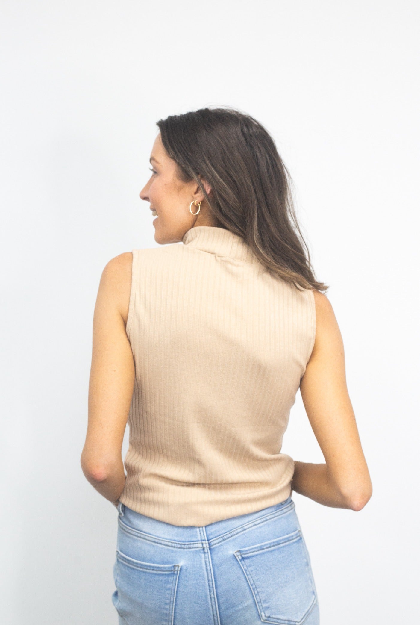 Sleeveless Ribbed Mock Neck Top, Tan
