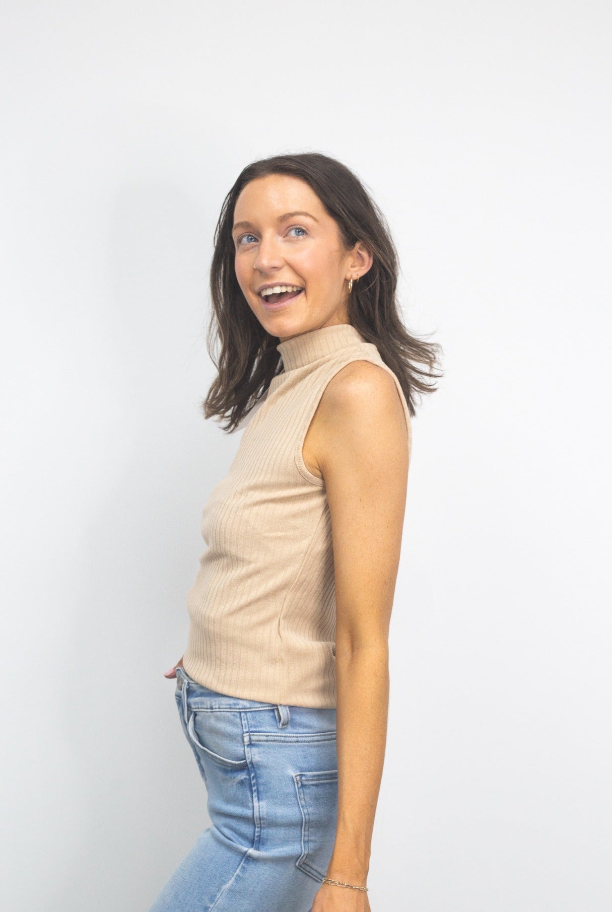 Sleeveless Ribbed Mock Neck Top, Tan