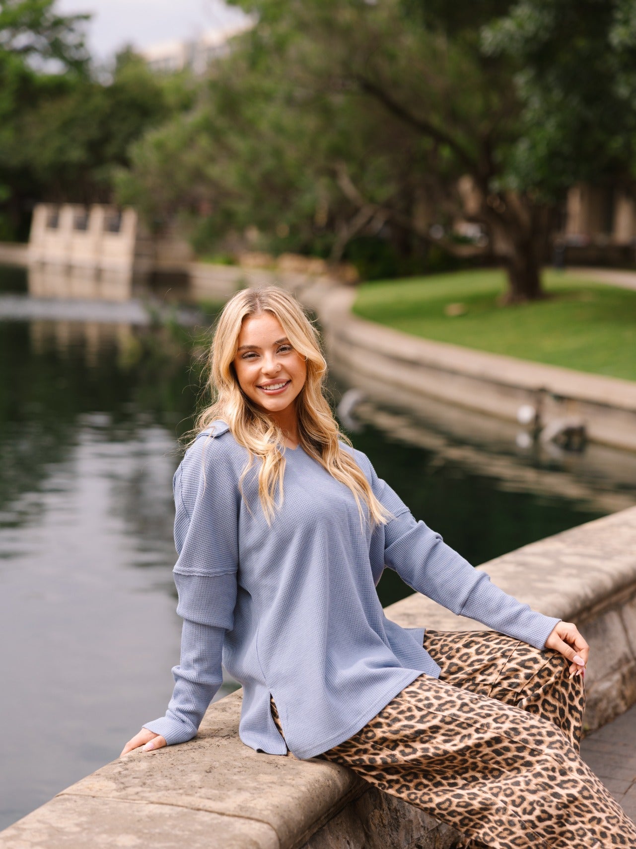 Waffle Knit Top, Blue