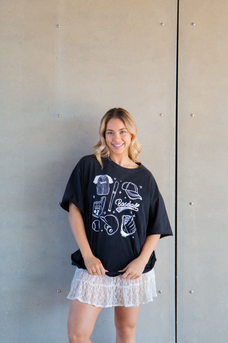 Baseball on Black Boxy Tee