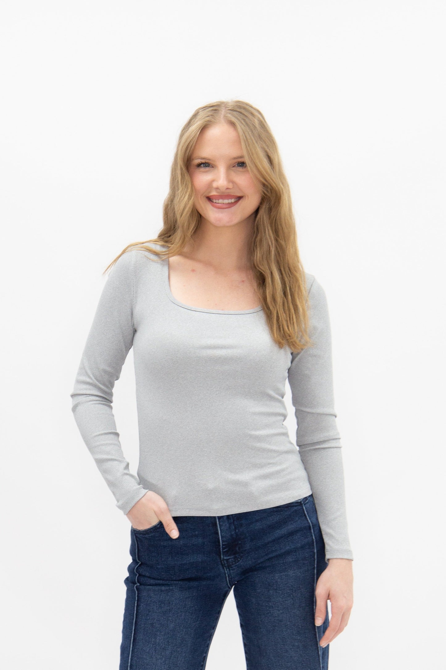 Square Neck Long Sleeve Top, Grey