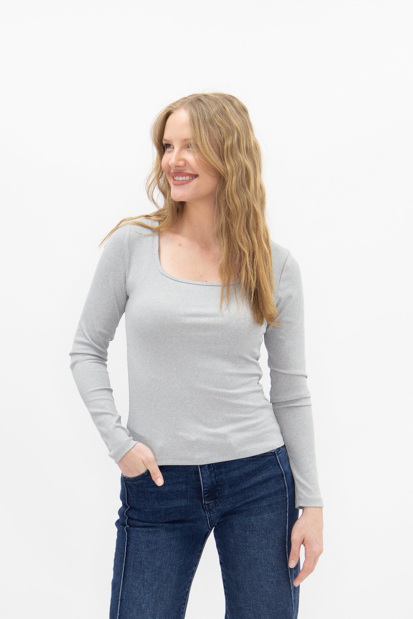Square Neck Long Sleeve Top, Grey
