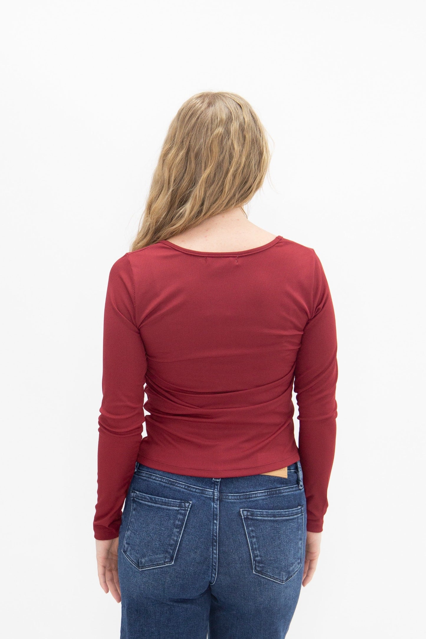 Square Neck Long Sleeve Top, Maroon