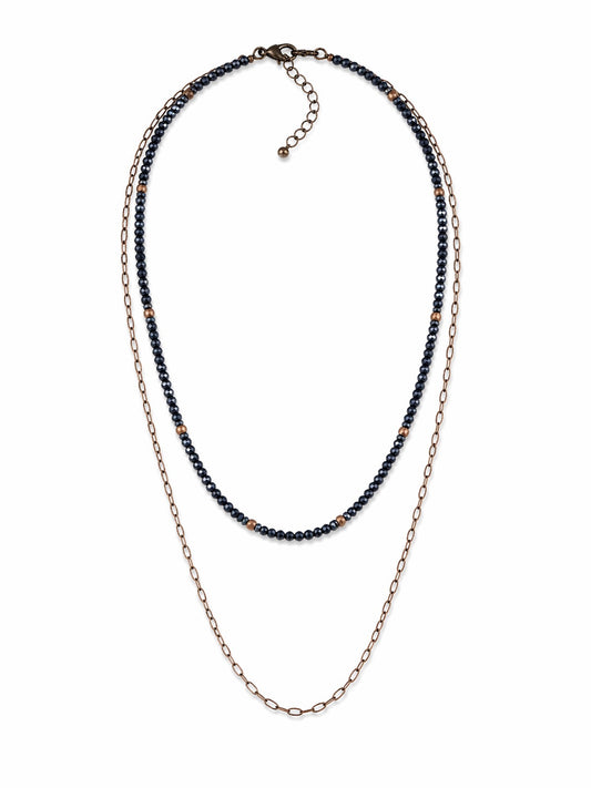 Glitz, Glam, Simple Strands Double Beaded Navy Blue Necklace with A Gold Chain