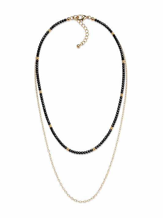 Glitz, Glam, Simple Strands Double Beaded Black Necklace with A Gold Chain