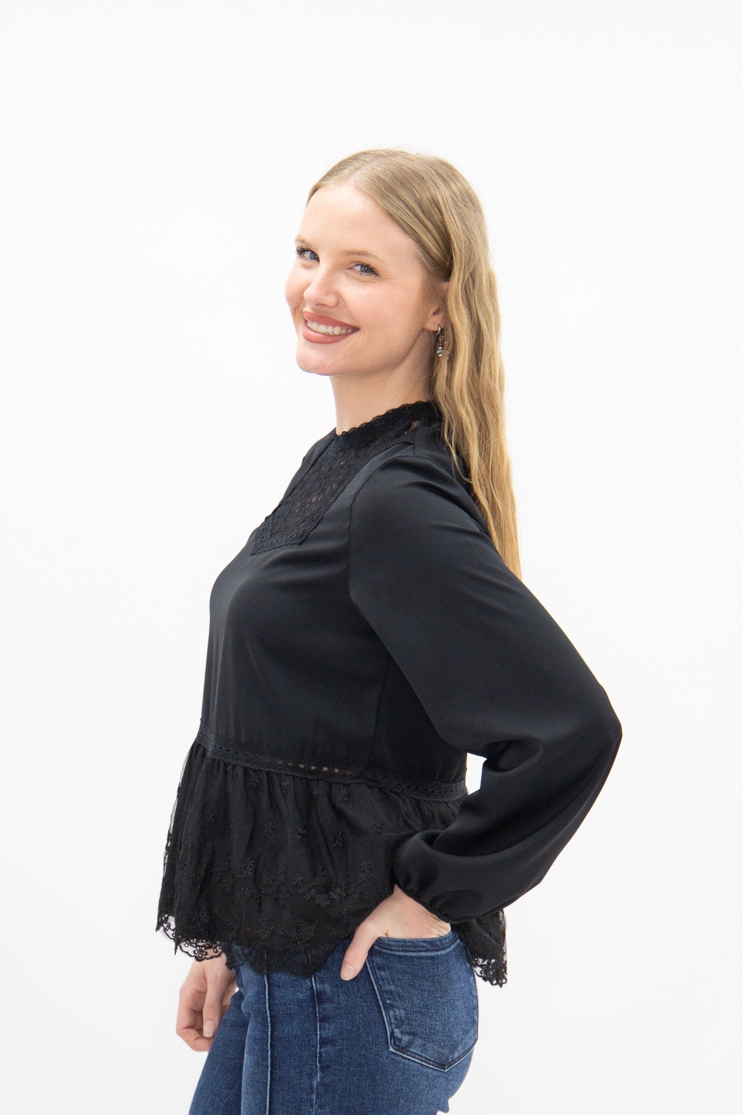 High Neck Blouse with Lace Peplum, Black