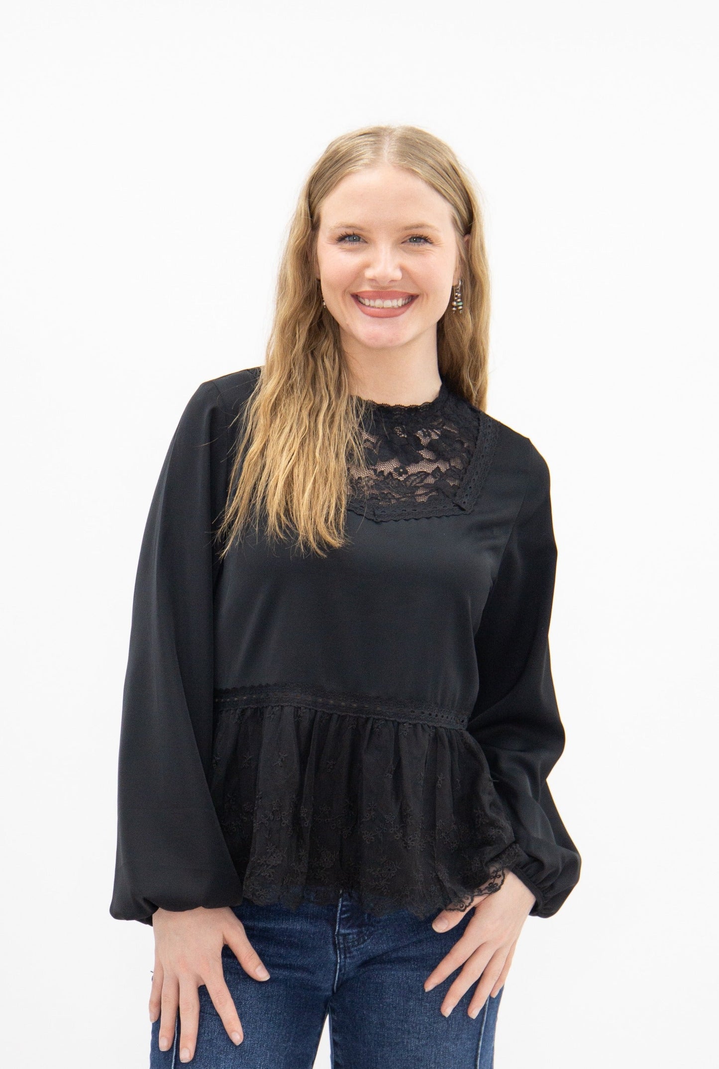 High Neck Blouse with Lace Peplum, Black