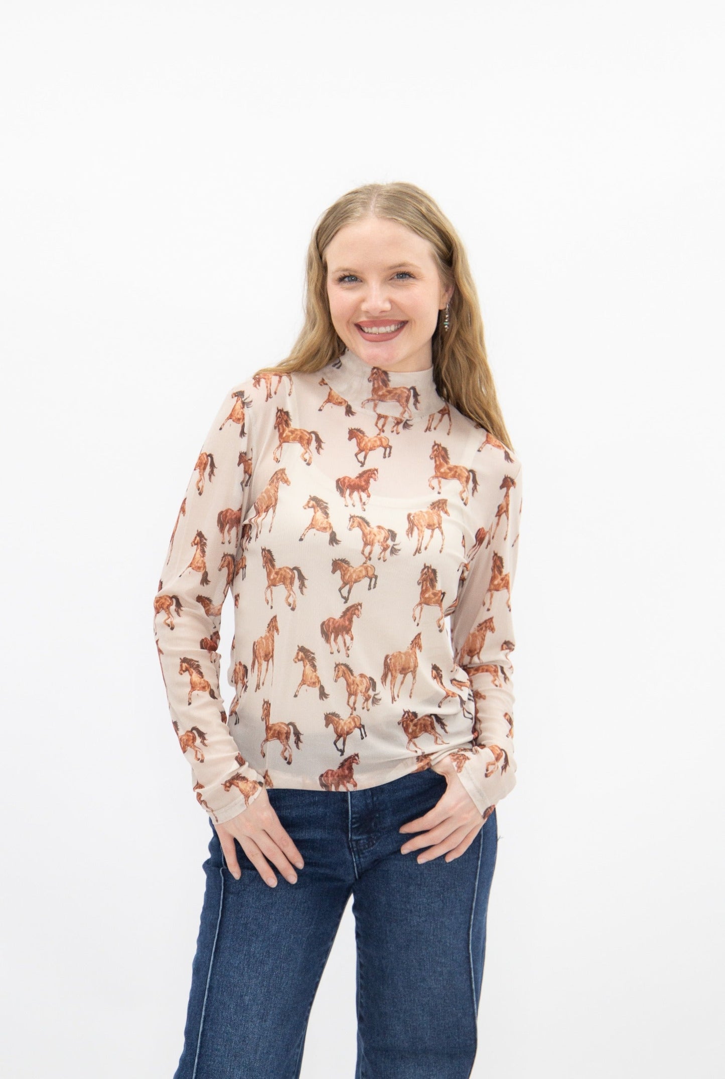 Mock Neck Mesh Top, Horse Print