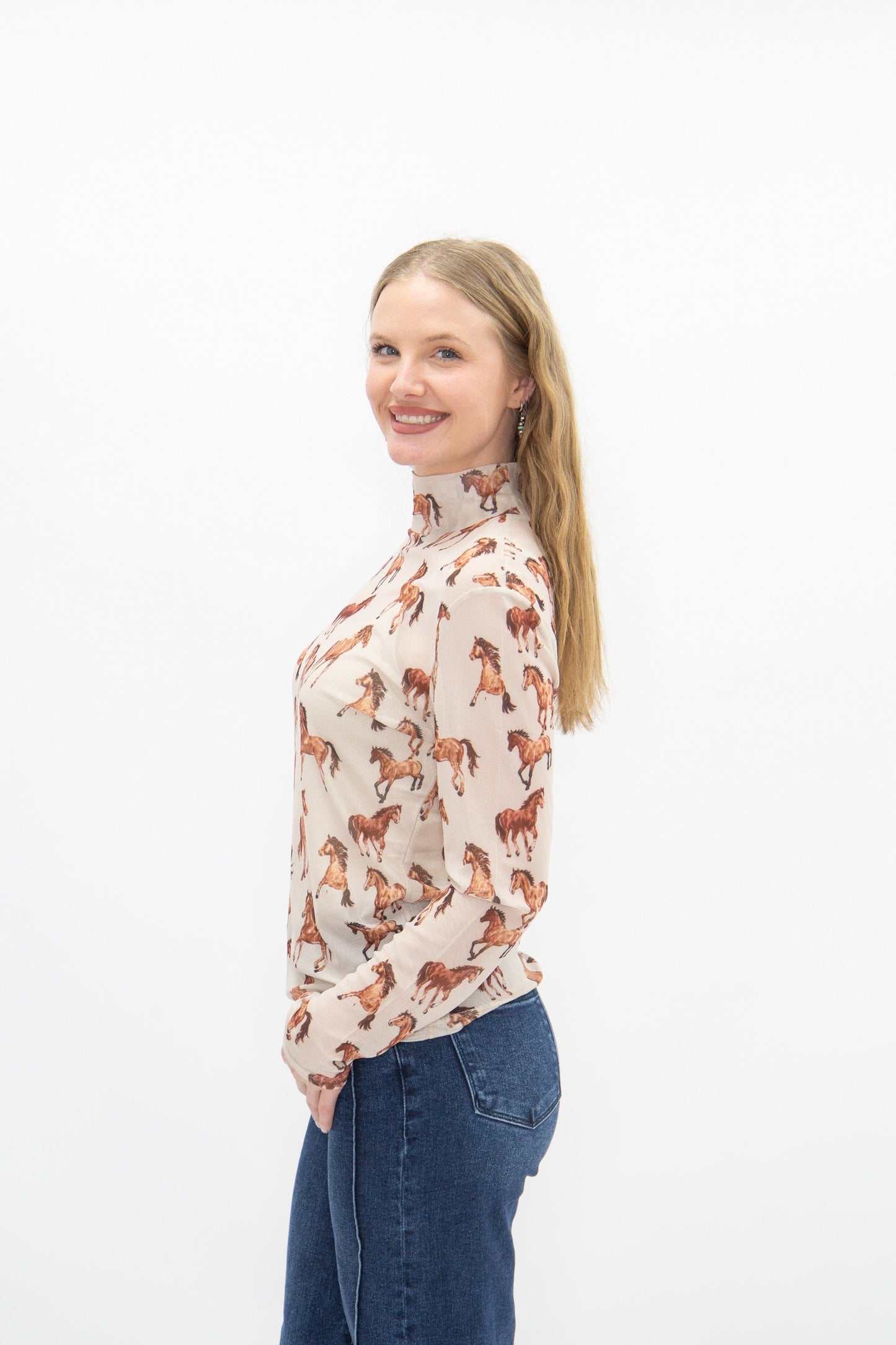 Mock Neck Mesh Top, Horse Print