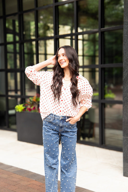 Kathryn Classic Button-Up, Red Polka-Dot