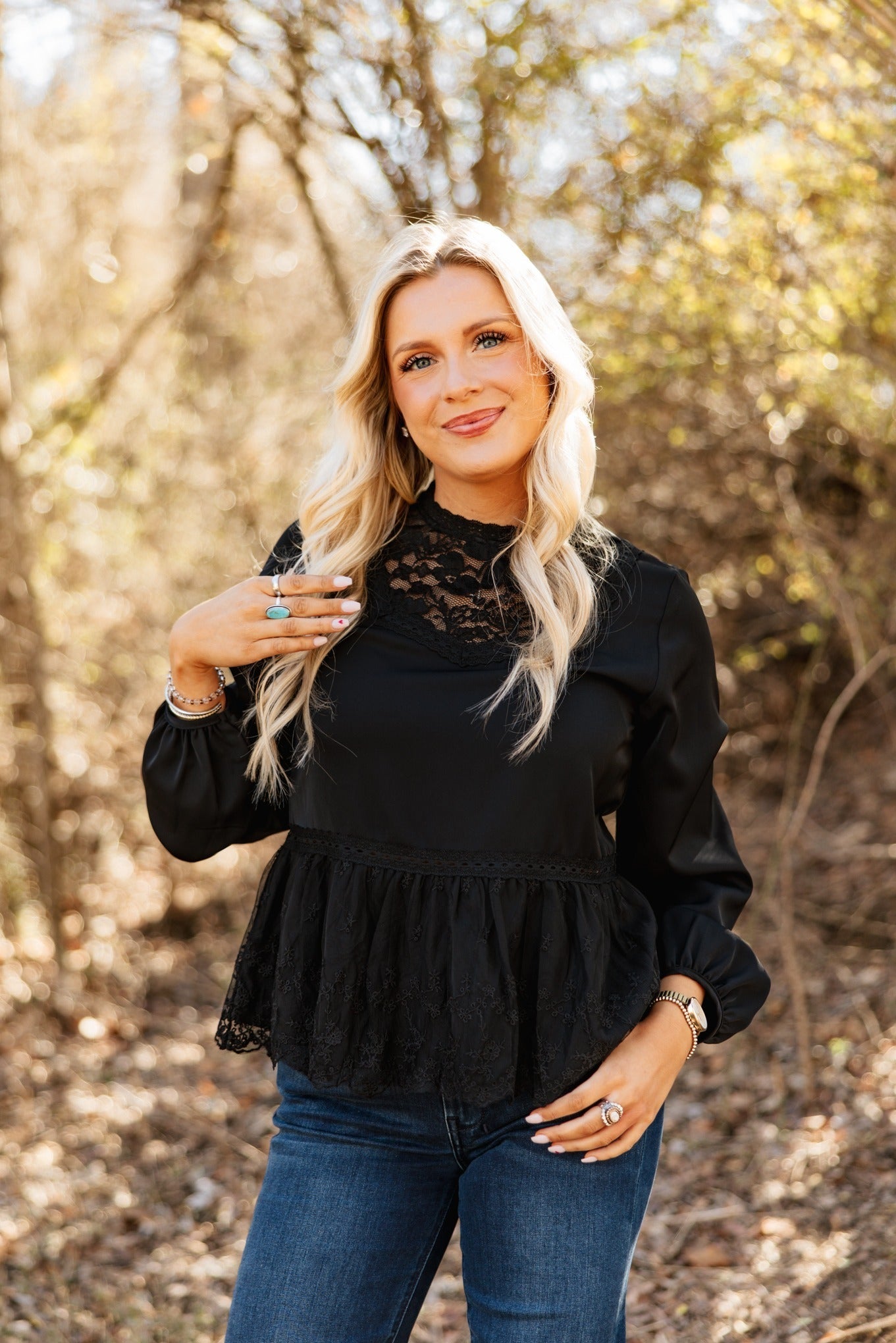 High Neck Blouse with Lace Peplum, Black