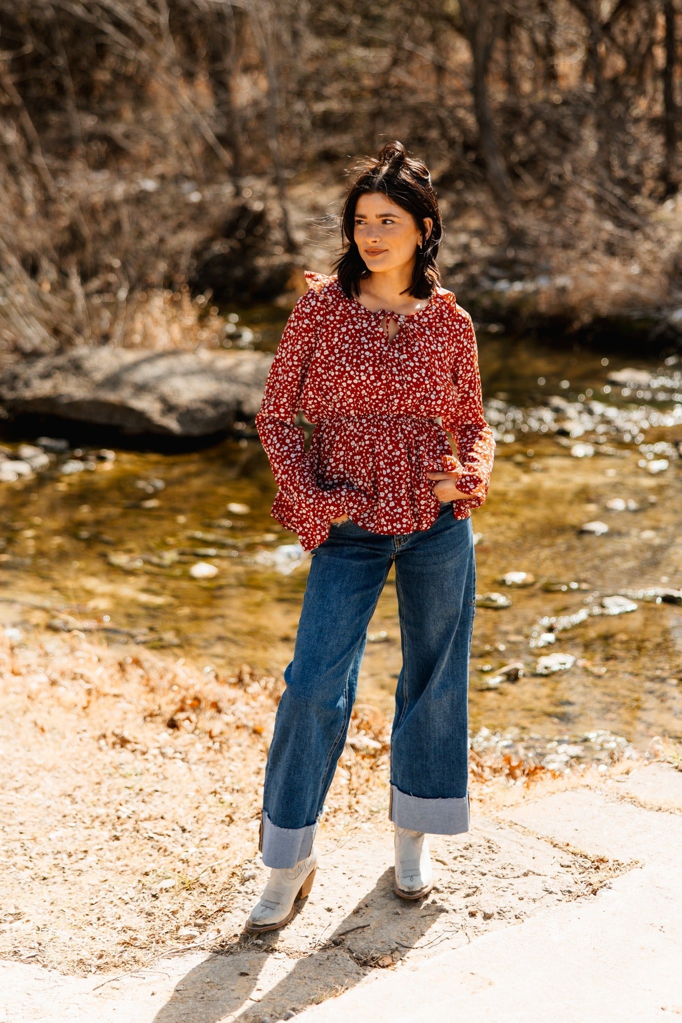 Peplum Blouse with Ruffle Detail, Red Floral