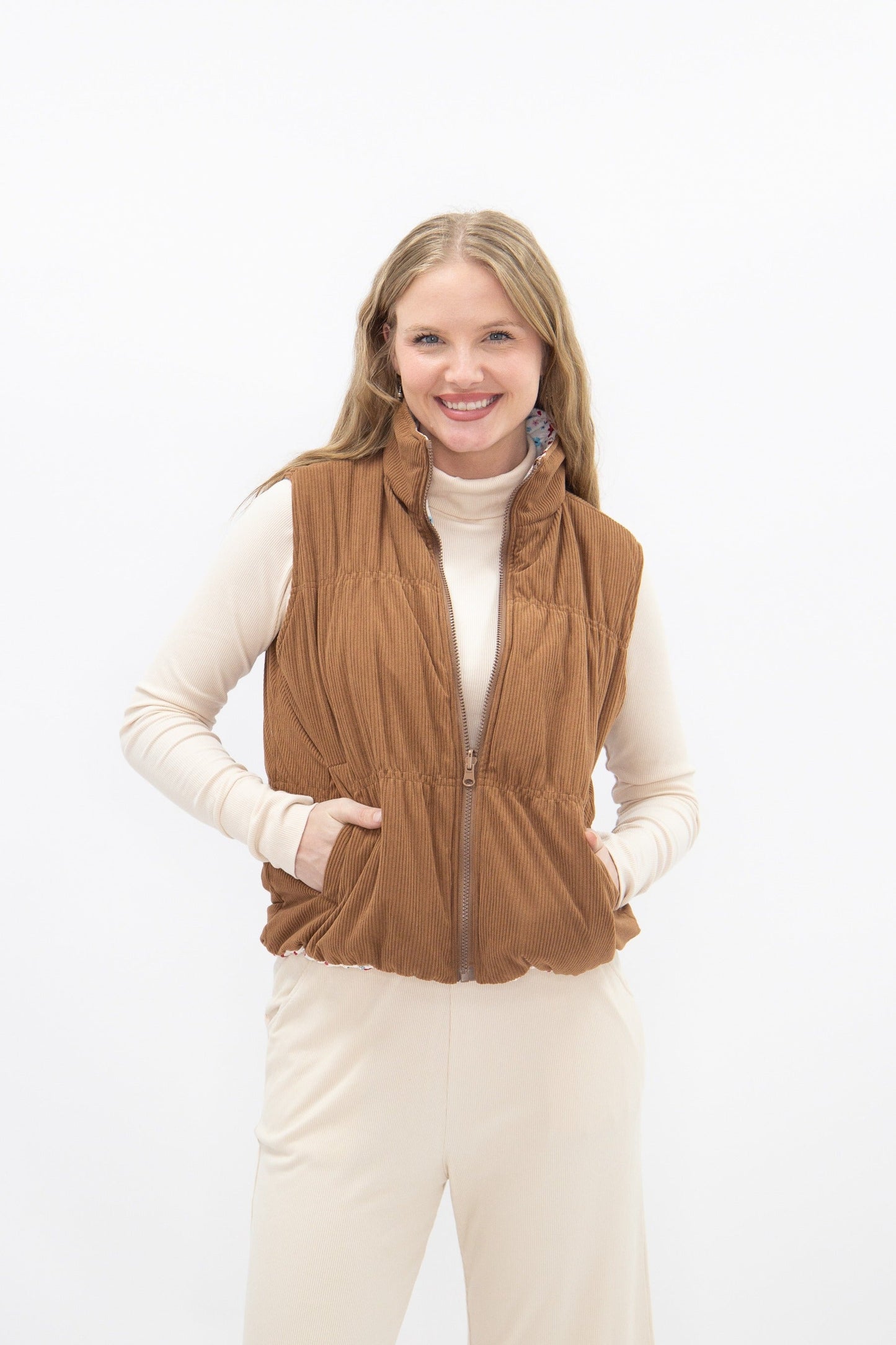 The Gillian Reversible Tan and Floral Puffer Vest