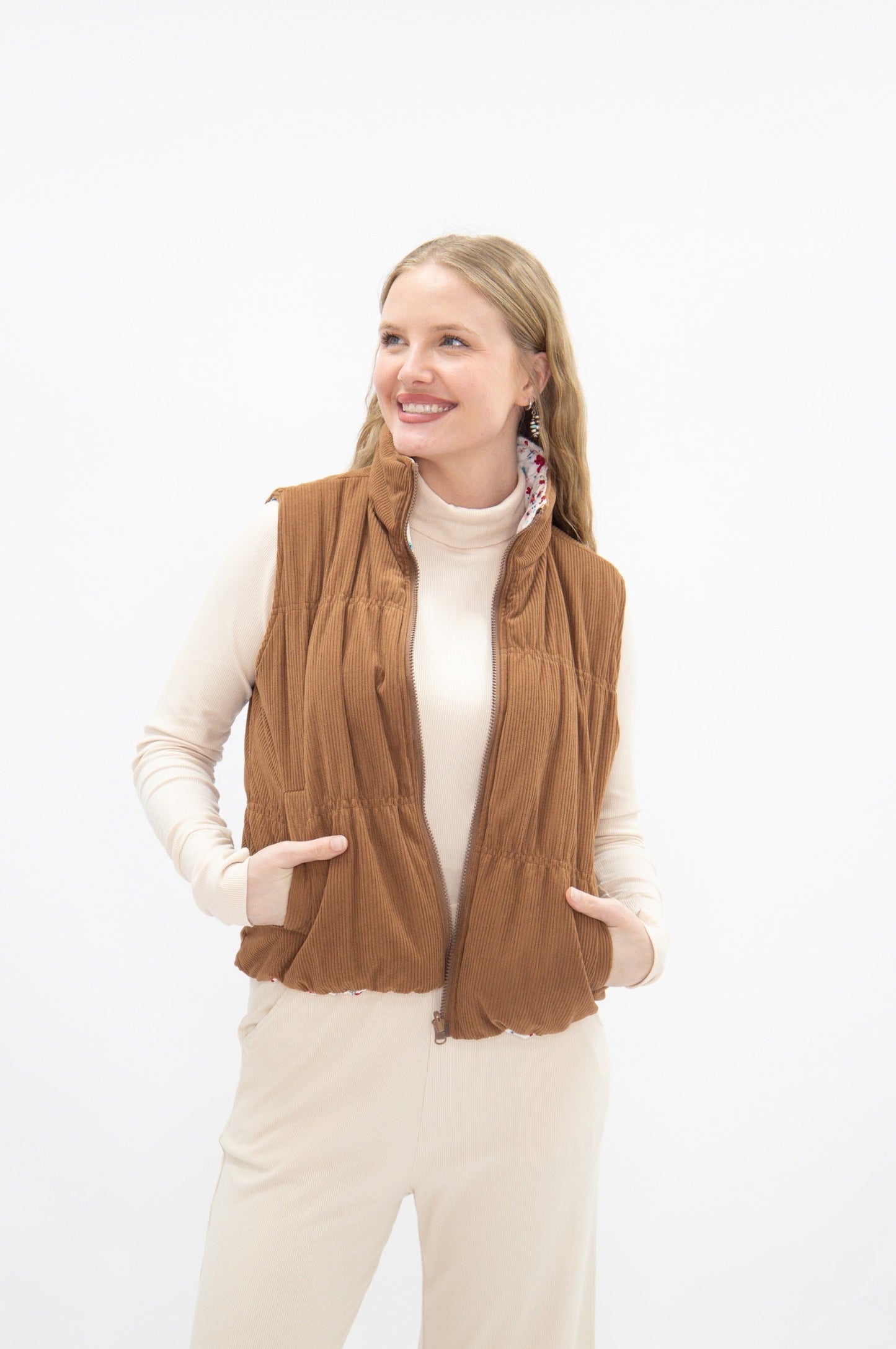 The Gillian Reversible Tan and Floral Puffer Vest