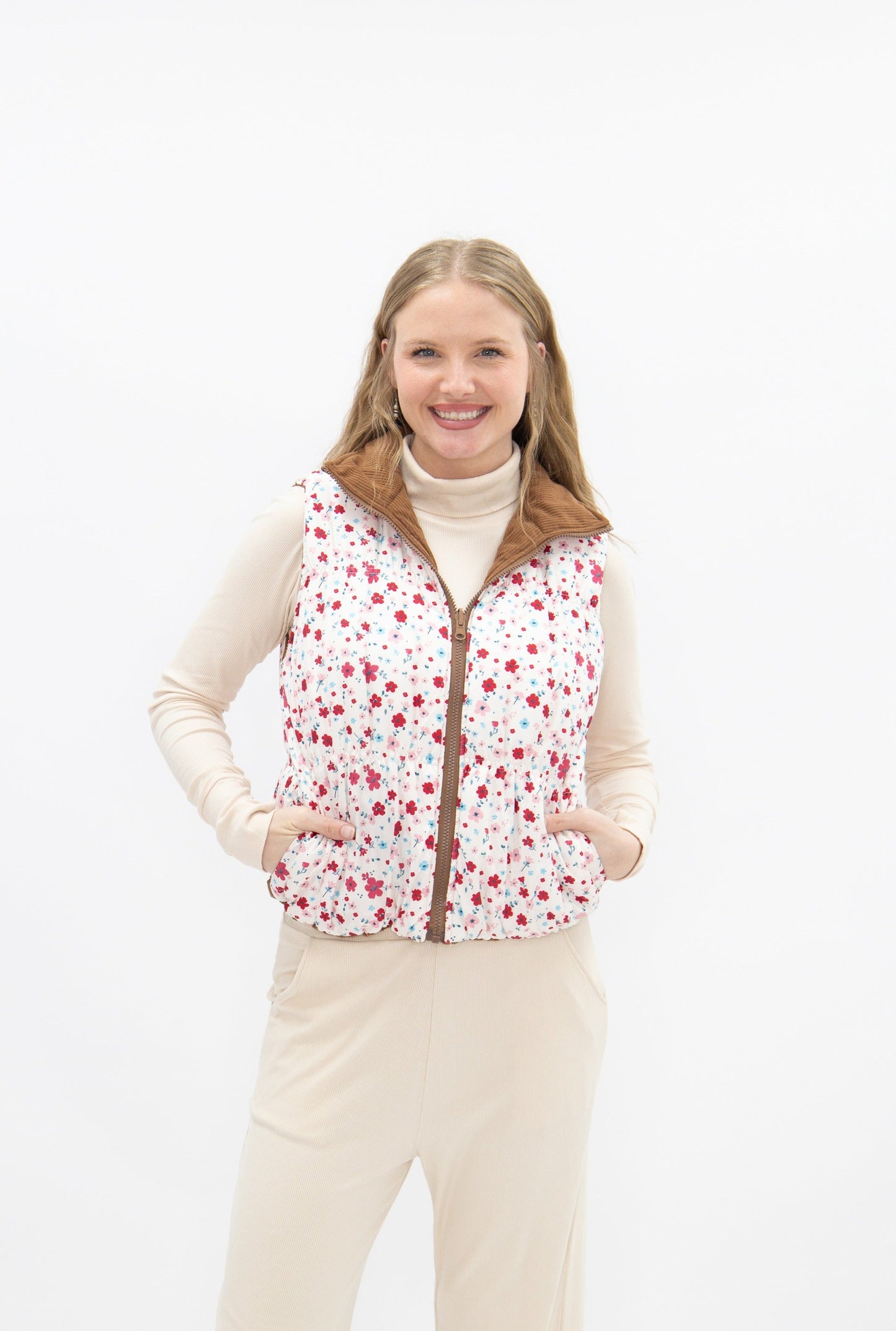 The Gillian Reversible Tan and Floral Puffer Vest