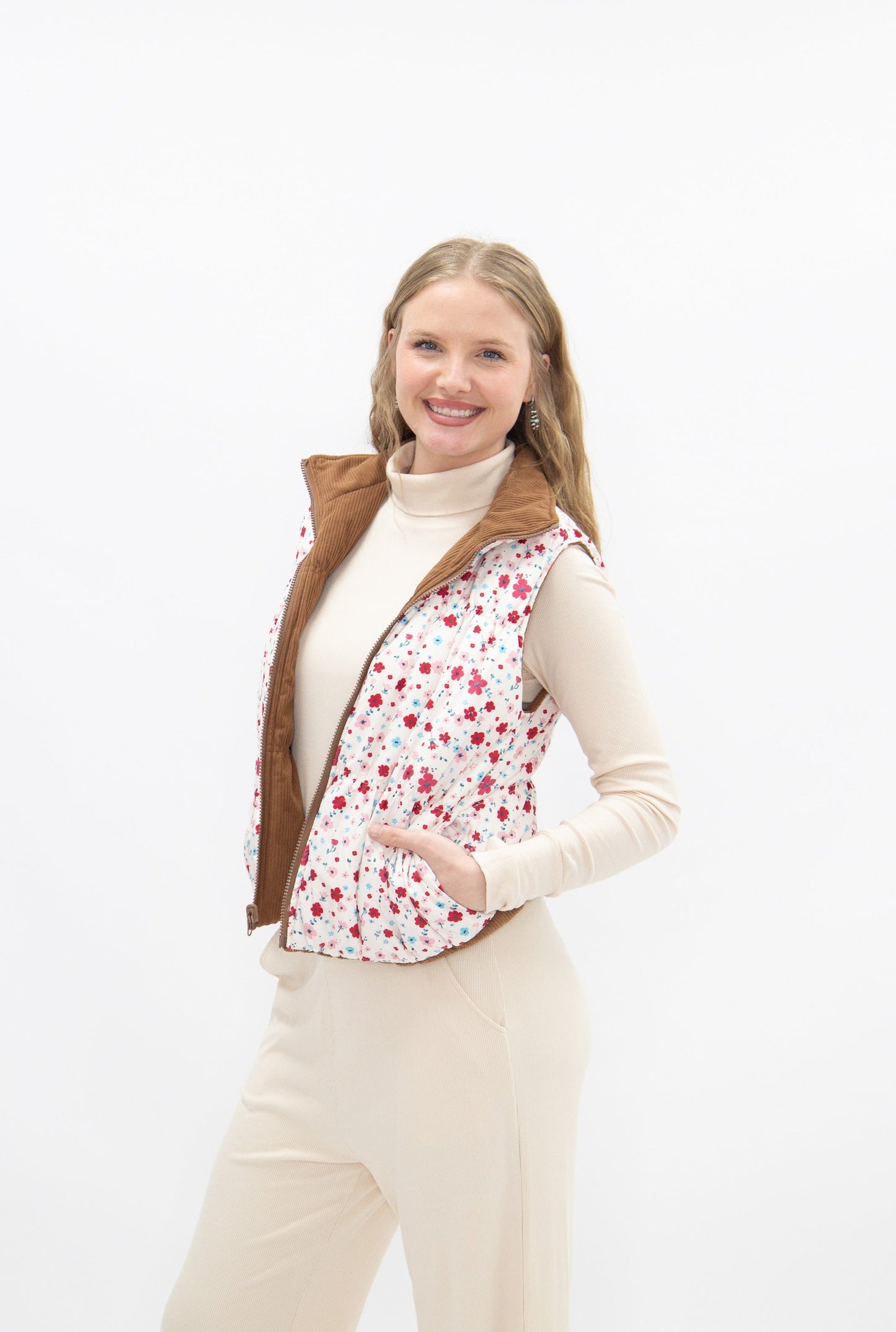 The Gillian Reversible Tan and Floral Puffer Vest