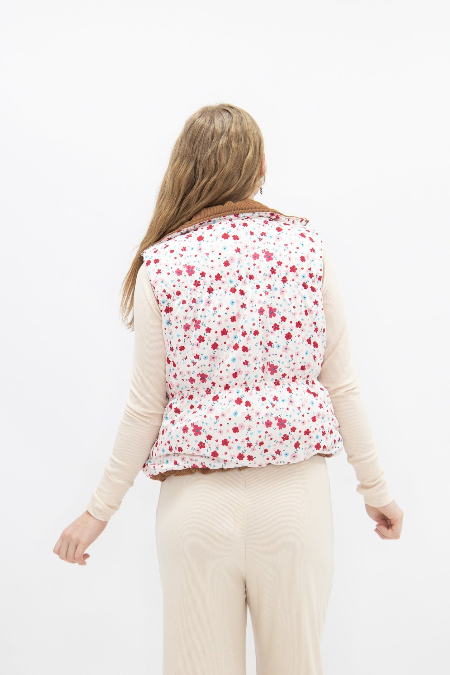 The Gillian Reversible Tan and Floral Puffer Vest