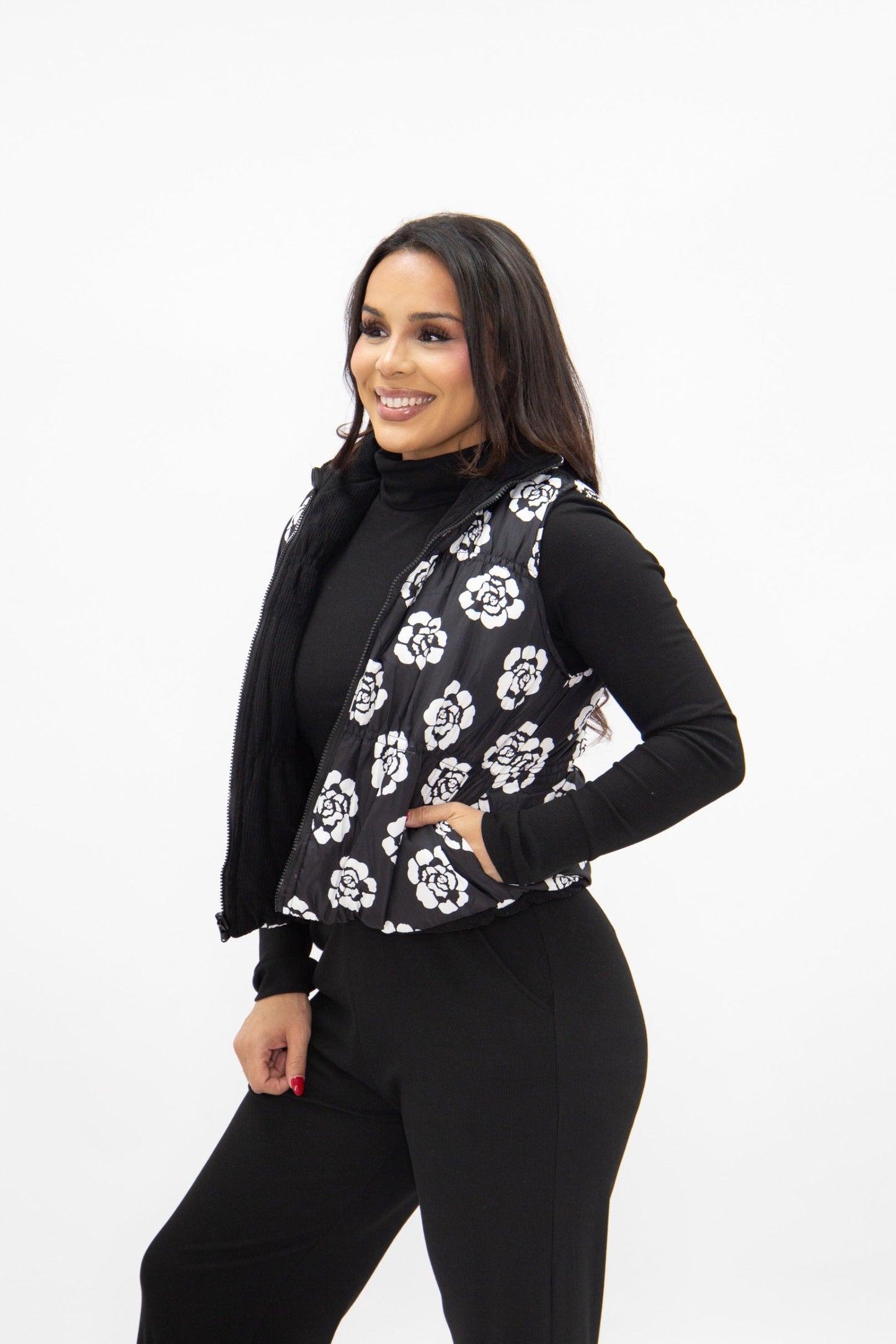 The Gillian Reversible Black and Floral Puffer Vest