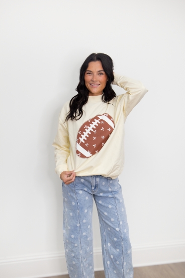 Football on Mock Neck Sweatshirt, Ivory