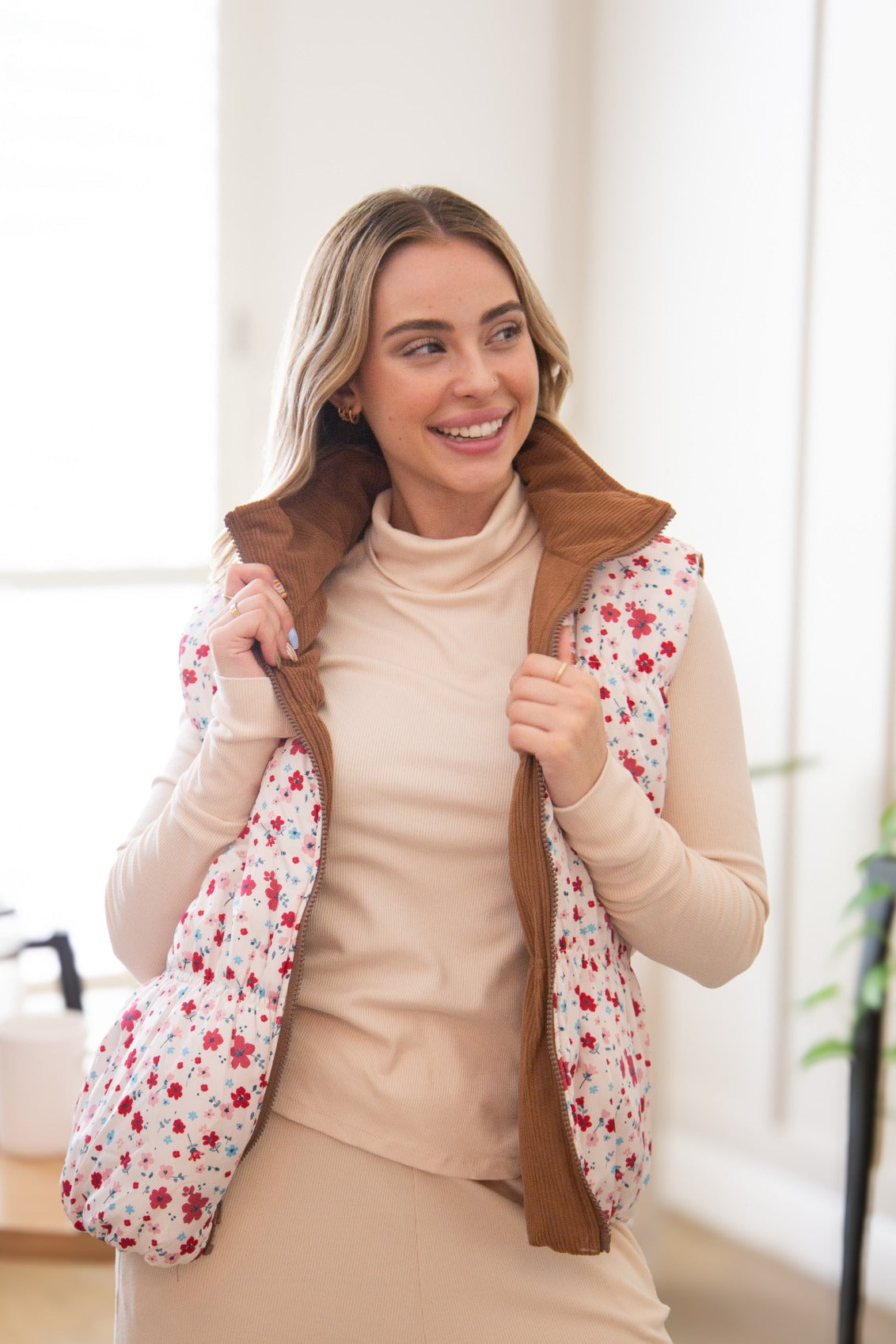 The Gillian Reversible Tan and Floral Puffer Vest