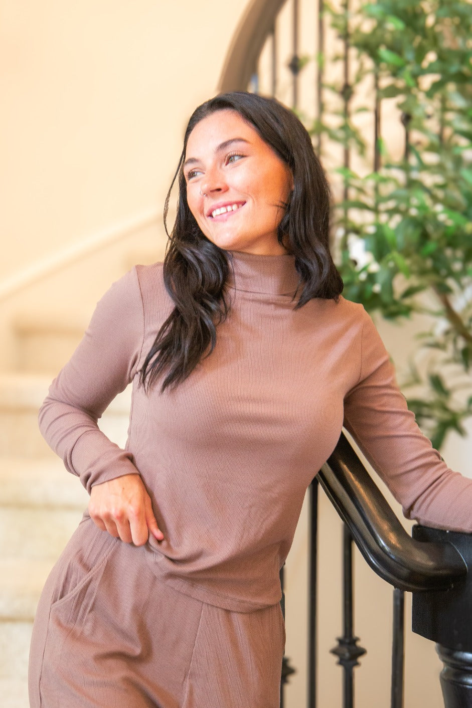 Ribbed Mock Neck, Brown