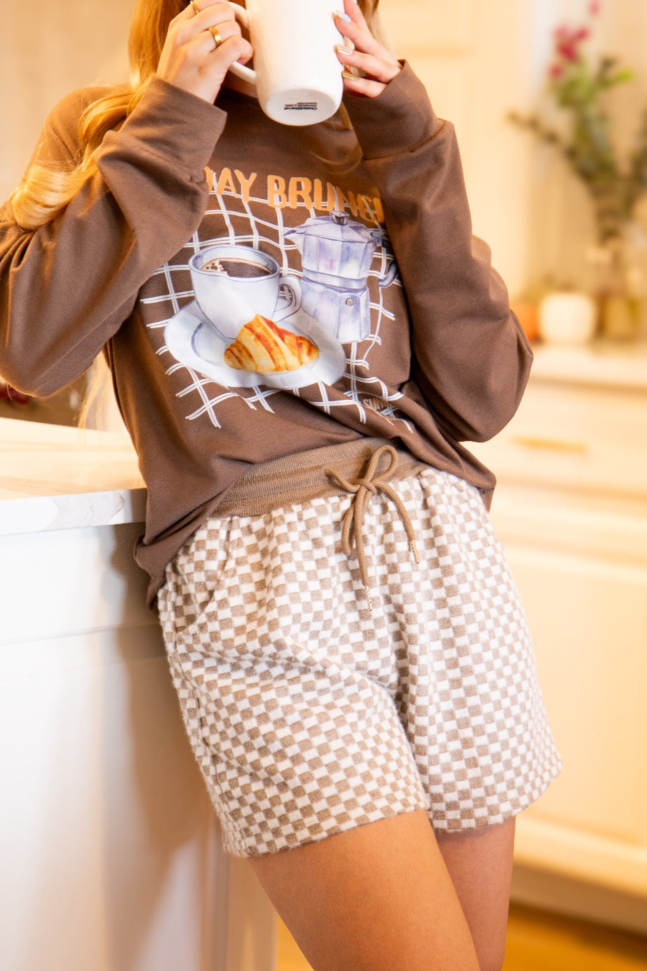Checkerboard Knit Shorts, Beige