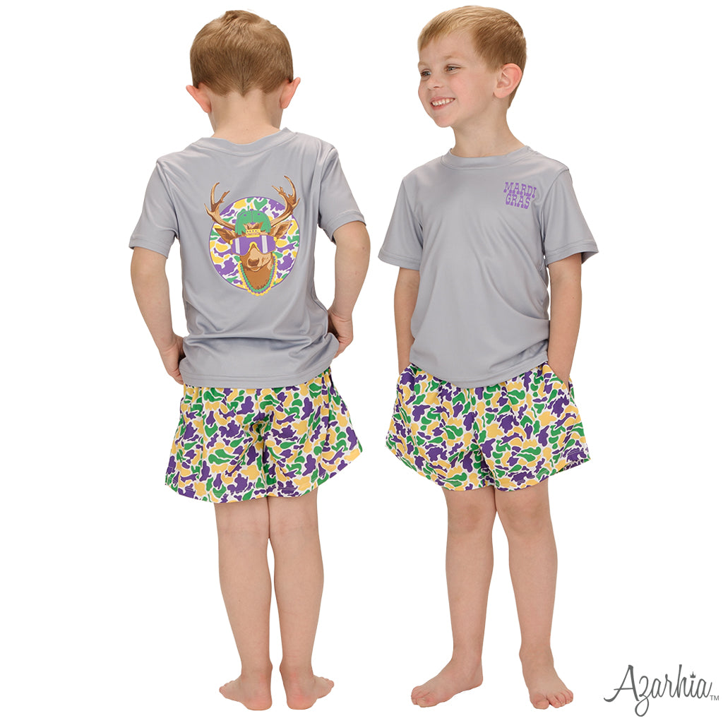 Mardi Gras Camo Deer on Gray Short Sleeve T-Shirt