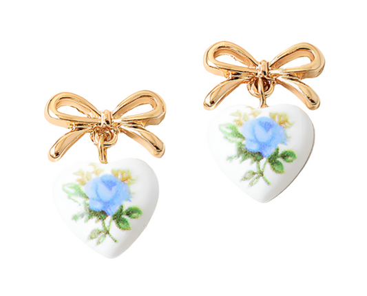 Floral Bow Earrings - Blue