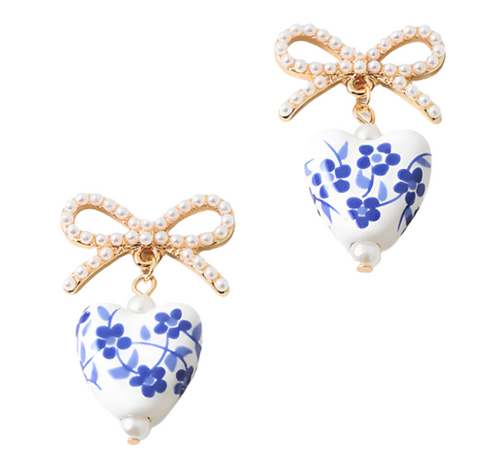 Floral Bow Earrings - Blue with Pearl Bow