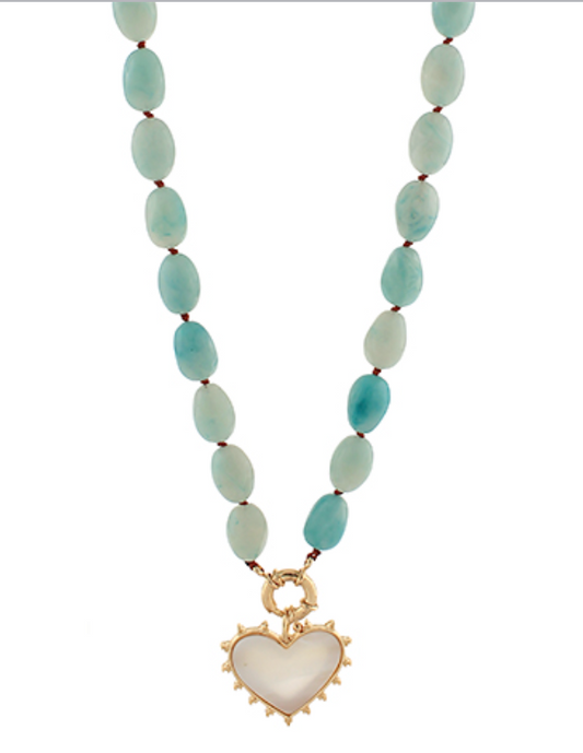 Beaded Necklace - Blue Bead with Gold Heart Pendant