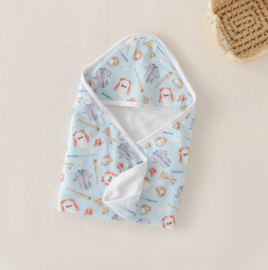 Let's Play Ball Muslin Hooded Baby Towel (Pre-Order Arriving Spring 2026)